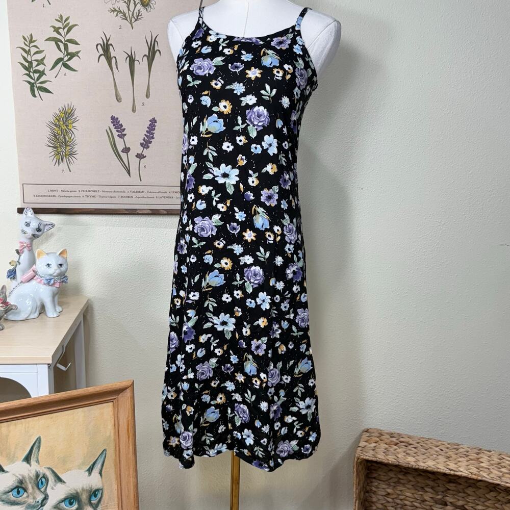 Vintage 90s Y2k Black Floral Sleeveless Dress Cottagecore Prairie 10 Girls